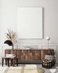 mock up poster frame in modern interior background, living room, Scandinavian style, 3D render, 3D illustration