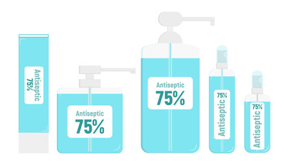 Hygiene Icons Set. Antiseptic Gel. Washing Hand with Soap. 75% ethanol disinfectant solution. Ethanol disinfectant solution, health care. Vector Illustration.