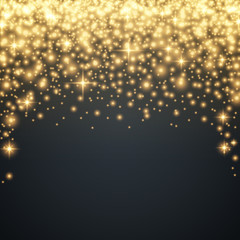 Holiday background template with golden glittering sparks. Great for luxury holiday invitations, party posters, christmas, new year and birthday cards. Vector illustration.