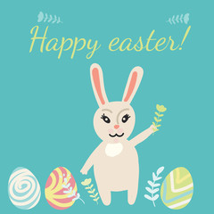 Easter card. Rabbit, eggs, flowers. Doodle stile. Pastel colors