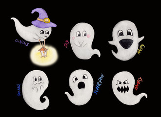 Watercolor set with cute ghosts with emotions. Kawaii Halloween hand drawing illustration on black background. Ghost silhouette emoji concept with lettering. Spooky design elements.