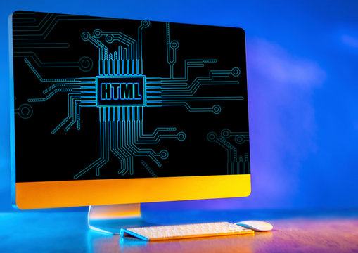 HTML. HTML logo on the monitor screen. Concept - a personal computer of the developer. HyperText Markup Language. Concept - training in HTML programming. Website development. Software Development