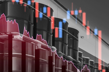 Graphs on the background of the warehouse with petroleum products. Oil is stored in metal barrels....