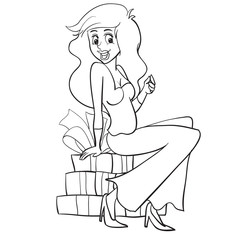 woman in evening dress sitting on boxes with gifts, outline drawing, caricature, isolated object on a white background, vector illustration,