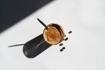 Cold coffee – latte, cappuccino or dalgona. Summer trendy drink with whipped milk, top view