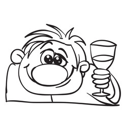 man celebrates with a glass in his hands, drunk, outline drawing, caricature, isolated object on a white background, vector illustration,