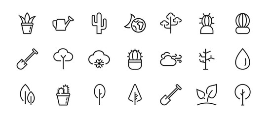   A set of Rosteniya Icons, and garden care, Vector illustration, Contains Icons such as tree, cactus, watering can, spade, flower and much more. on a white background, editable bar 480x480