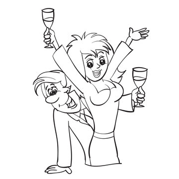 man and woman drink champagne and celebrate together, woman makes a toast, outline drawing, cartoon, isolated object on a white background, vector illustration,