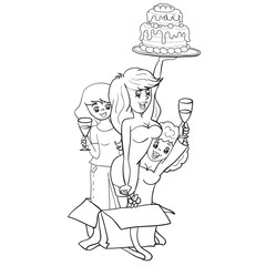 three women peeping out of the box with a surprise as a surprise with a cake and champagne, hen party, outline drawing, cartoon, isolated object on a white background, vector illustration,