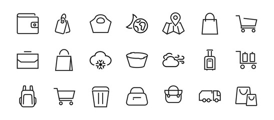 A simple set of bags, shopping and travel icons. Vector illustration Contains icons such as Card, wallet, shopping basket, discount, bowl, package. On a white background, editable stroke. 48x48 pixels