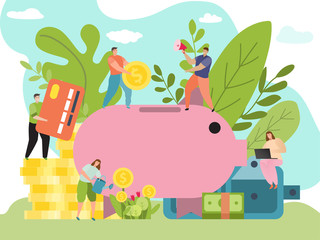 Money saving concept, people put coins in piggy bank money box, financial investments, vector illustration. Team of cartoon characters in flat work together, tiny men women growing business income