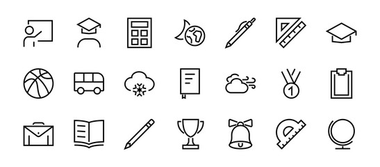 A simple set of school items. Contains icons such as student, award, geography, physical education, geometry and more. On white background. Editable stroke. 480x480