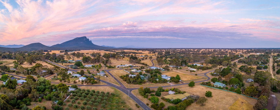 Wide aerial panorama of Australian countryside at dusk