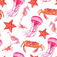 Seamless watercolor pattern. Crab, shrimp, jellyfish, starfish, seahorse on a white background. Perfect for textiles, wrapping paper, wallpaper, design.