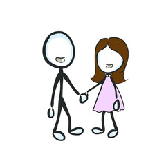 Love and happiness. Couple standing together holding hands. Husband and wife happy family. Hand drawn. Stickman cartoon. Doodle sketch, Vector graphic illustration