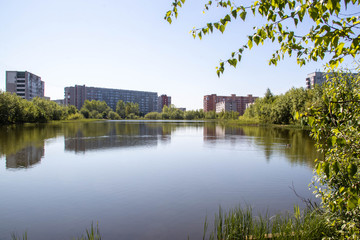 Fototapeta premium Summer day on the island of Jagra. Lake Chayachiy. Severodvinsk, Arkhangelsk region.