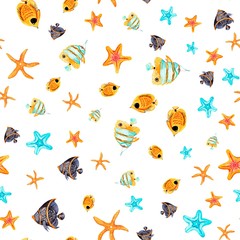 Seamless watercolor pattern. Coral fish, starfish, butterfly fish on a white background. Perfect for textiles, wrapping paper, wallpaper, design.