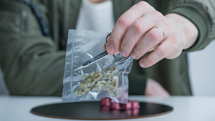 Close-up of male hands holding medical marijuana buds in vacuum seal bags