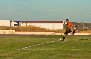 Portero de un equipo de fútbol dando una patada al balón