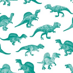Seamless pattern with green dinosaurs on a white background.  illustration.