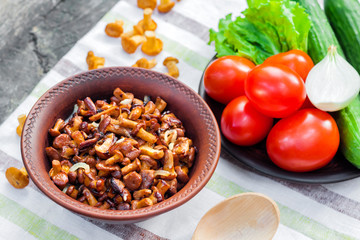 Fried chanterelles with onion in rustic bowl and plate with fresh vegetables for salad on background