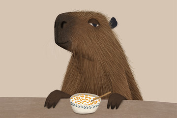 Illustrated adorable capybara eating a bowl with cornflakes