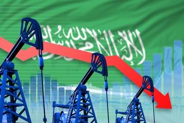 lowering, falling graph on Saudi Arabia flag background - industrial illustration of Saudi Arabia oil industry or market concept. 3D Illustration