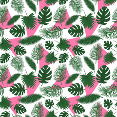 Seamless pattern with tropical leaves, palm trees, monstera and pink triangles.flat style. Botanical pattern with green leaves on light background.Color vector illustration.for textiles,wrapping paper