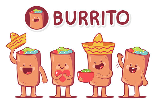 Cute burrito vector cartoon characters set isolated on a white background.