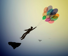 teenager silhouette holds the baloons and flying up to the sky, strong wind story, dreamer concept, scene in dreamland, shadow story vector