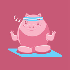 Cute pig in yoga lotus poses vector cartoon character isolated on a background.