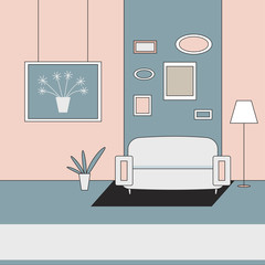 Home interior with couch vector flat illustration.