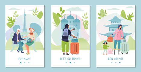 Tourist travel abroad, sightseeing tour banner concept, landmarks of different countries, vector illustration. Elderly couple in Paris, man with baggage, family journey to Asia. Worldwide destinations
