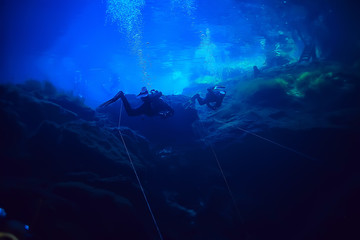 diving in the cenotes, mexico, dangerous caves diving on the yucatan, dark cavern landscape underwater