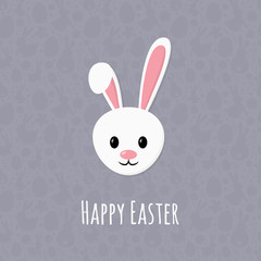 Concept of Easter greeting card with happy bunny and wishes. Vector