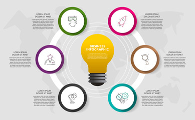 Modern vector light bulb infographics. Business template with circles and 6 parts. Success concept for graph, flowchart, cycling diagram, chart, timeline, app