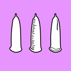 This illustration depicts condoms drawn in a vector doodle, each object is isolated