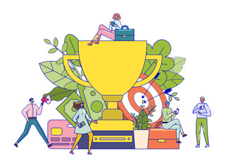Successful team concept, award winning tiny people with giant trophy prize, vector illustration. Business career achievement, happy men and women cartoon characters in flat style, corporate triumph