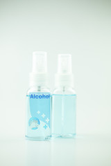 Alcohol pump bottle spray antibacterial. Coronavirus Disease (Covid-19).