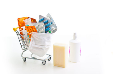 variety of pills in a supermarket trolley