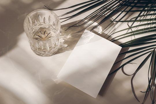 Summer tropical stationery still life scene. Glass of water, palms leaves. Beige table background in sunlight. Blank business, greeting card, invitation mockup scene. Long harsh shadows. Flat lay, top