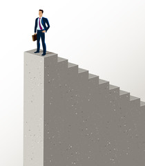 Businessman standing on top stairs vector illustration, success and career progress concept, leadership ambitions, gorgeous handsome business man.