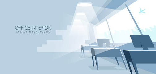 Office interior in distorted perspective vector illustration with space for text mockup, modern workplace inner space.
