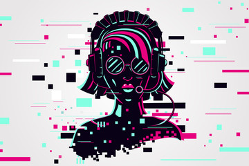 Girl gamer portrait. Video games background, glitch style. Female online user. Vector illustration. © ne2pi