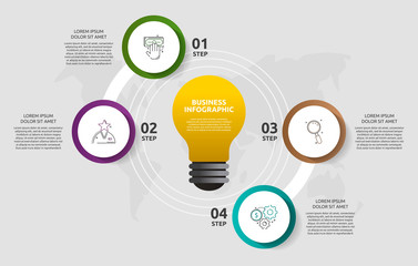 Modern vector light bulb infographics. Business template with circles and four steps. Success concept for graph, presentation, cycling diagram, chart, web, app