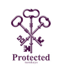 Crossed keys, vintage antique turnkeys vector logo or emblem, protected secret, electronic data protection, keys to heaven, hotel label, keep secret.