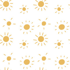 Vector seamless pattern with cute sun on a white isolated background. Yellow cool smile. Use in textiles, clothing, stationery, wrapping paper, notepad covers, phone wallpaper