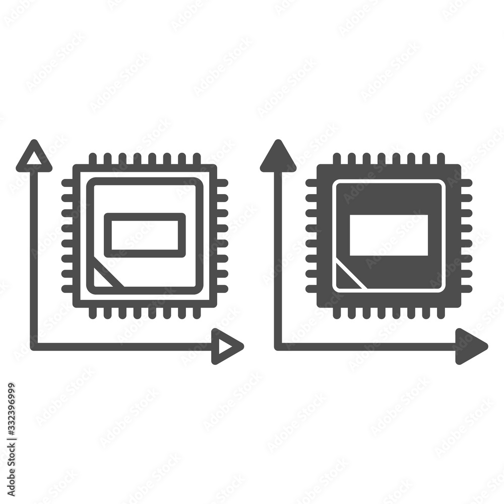 Poster microchip in graph line and solid icon. computer chip in coordinate system symbol, outline style pic