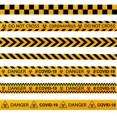 Coronavirus warning sign in a triangle and warning tape vector illustration. Coronavirus in Europe. Chinese virus outbreak. Global epidemic of COVID-2019.