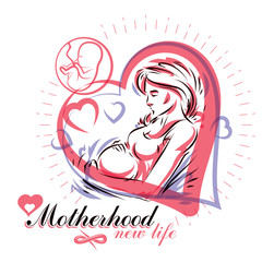 Vector hand-drawn illustration of pregnant elegant woman expecting baby, sketch. Reproduction clinic advertising